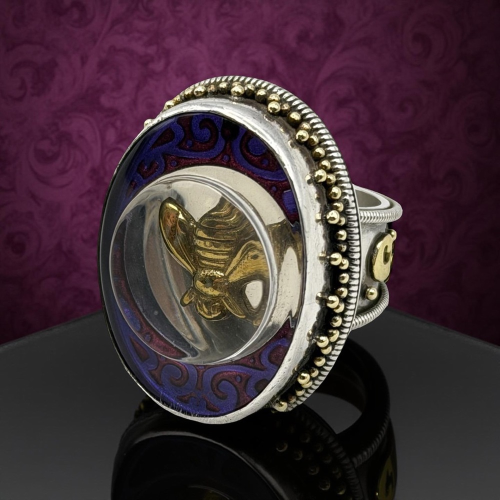Mars & Valentine “Violet Honey” Bee Ring – Sterling Silver Purple Enamel, Size 8